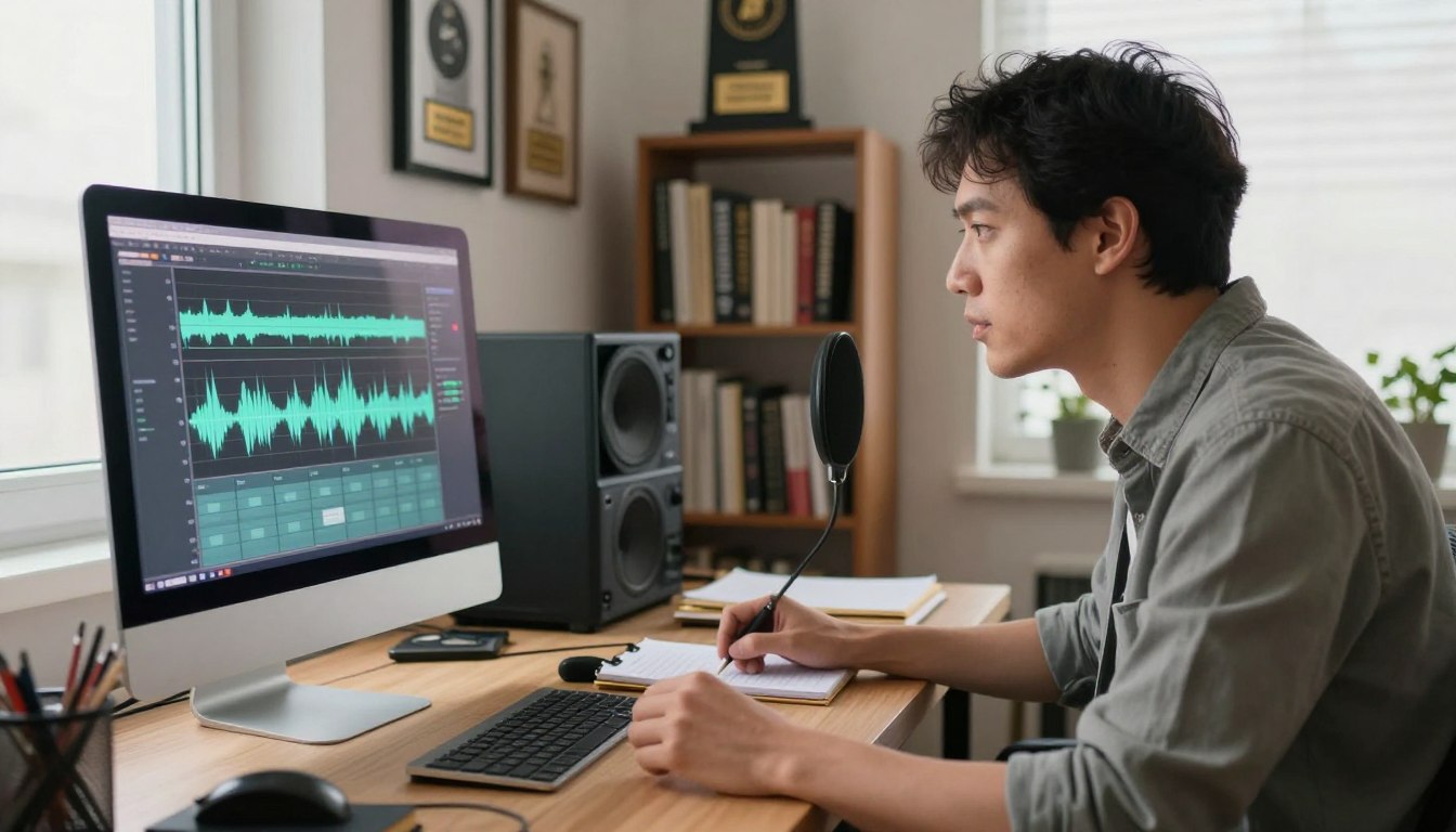 Creator reviewing recorded voiceover audio for a video